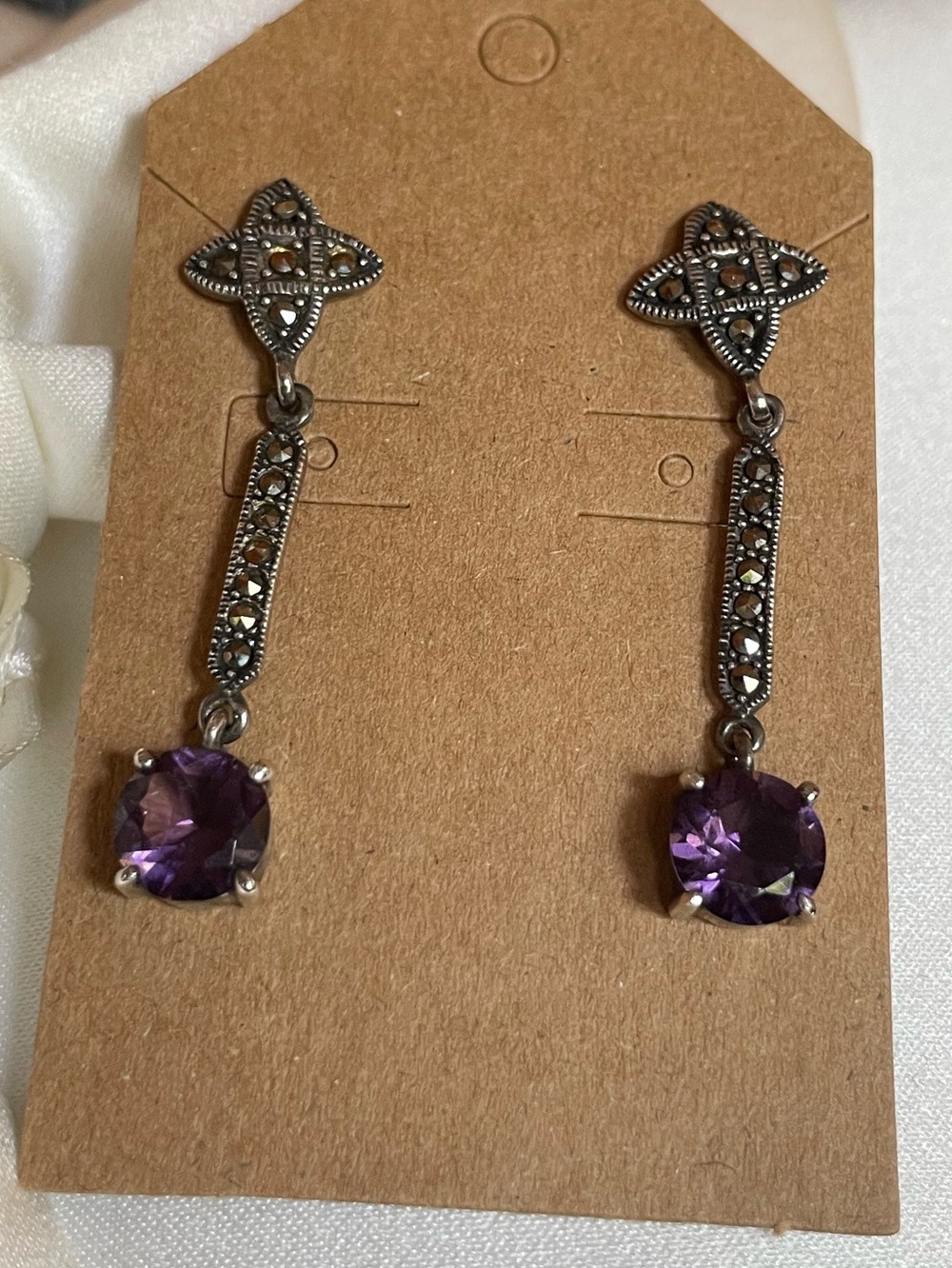 925 Sterling Silver Vintage Real Amethyst & Marcasite Dangle Earrings